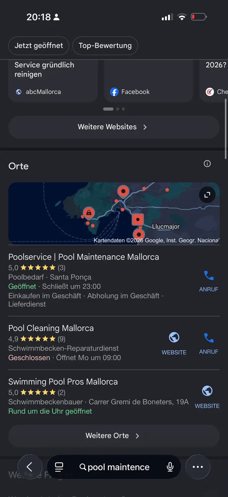 Google Maps result for pool maintenance in Mallorca
