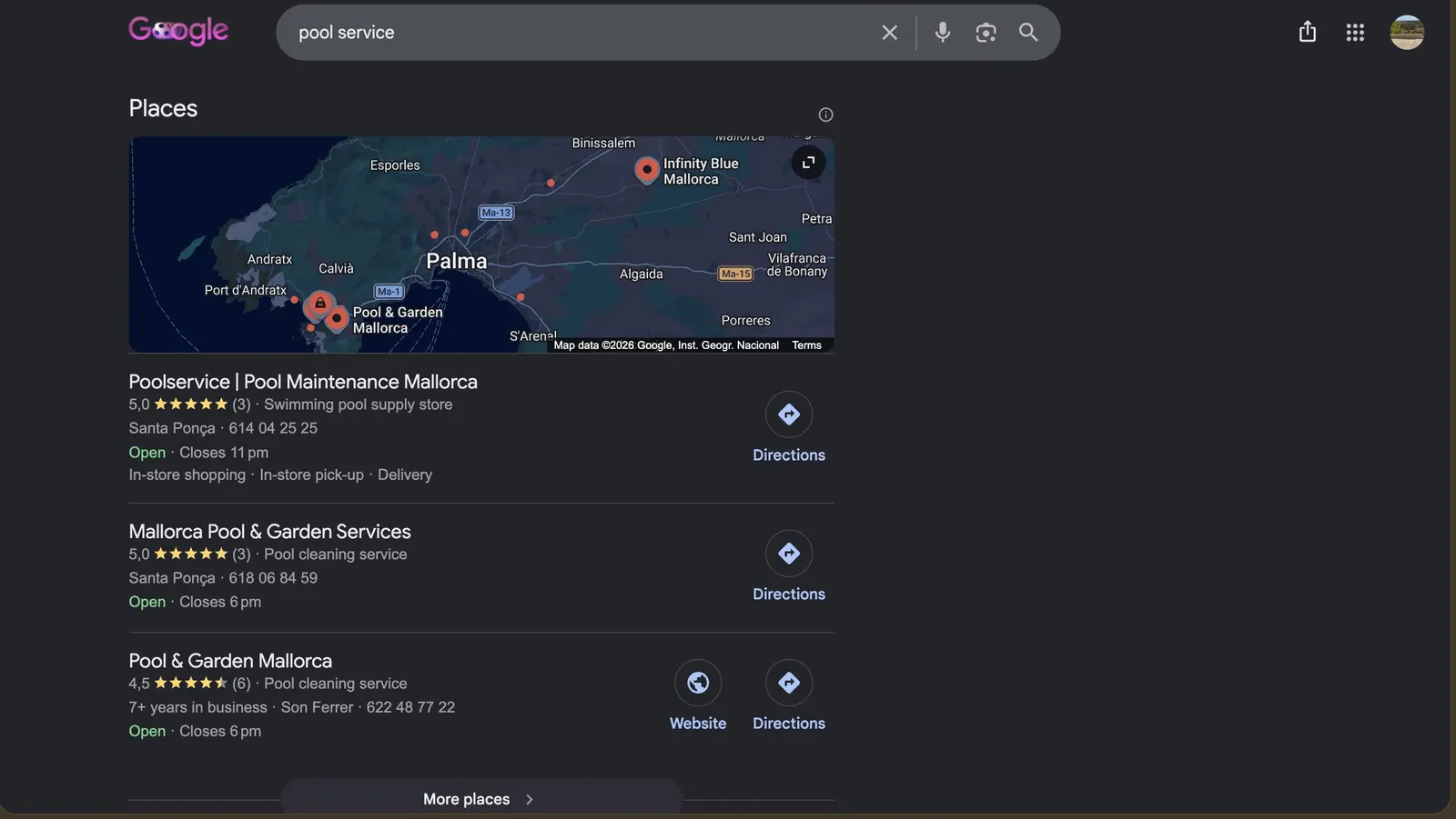 Google Maps result for pool service in Mallorca